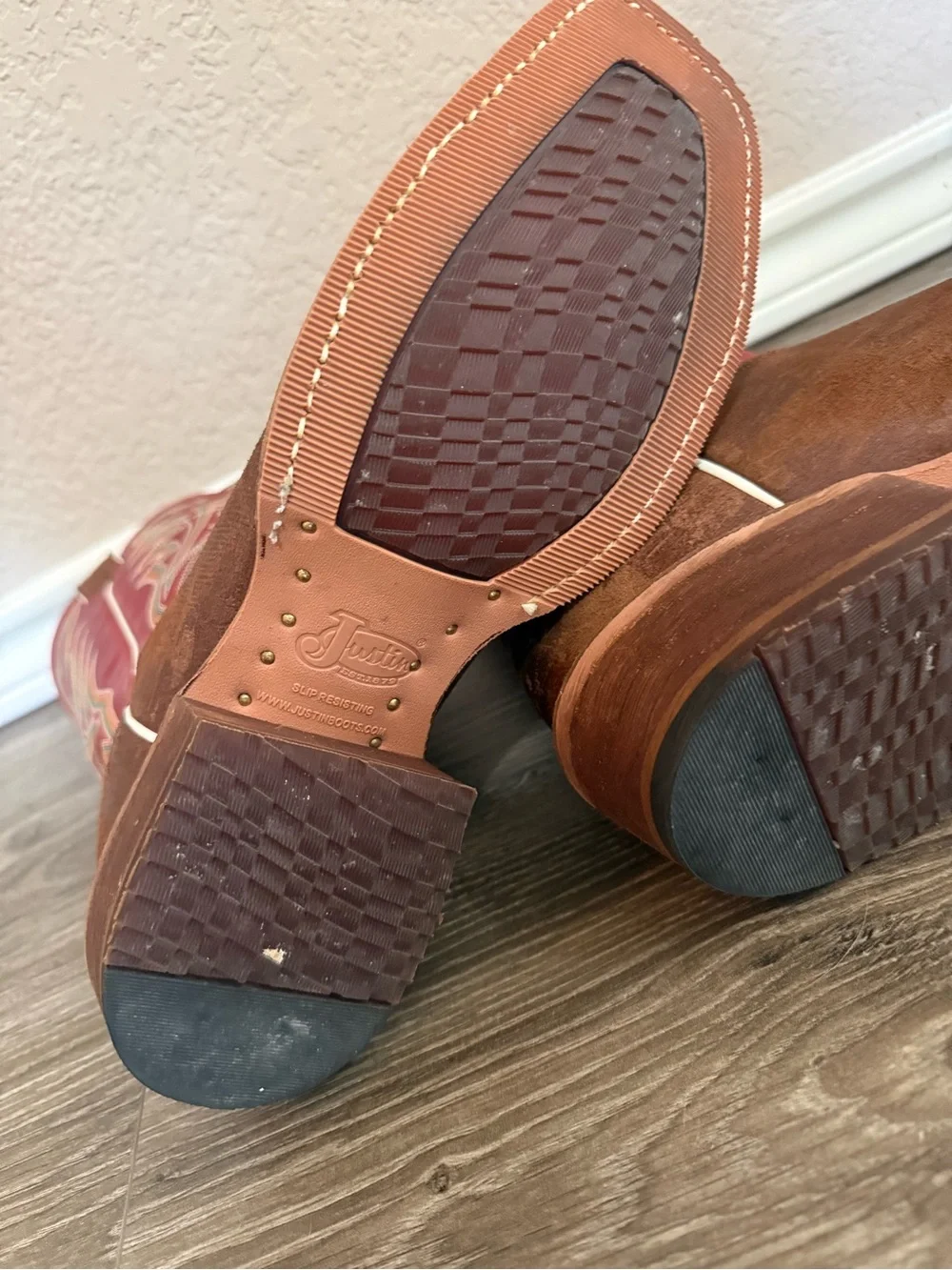 Justin Bent Rail BR772 Western Cowboy Boots Brown Red Embroidered